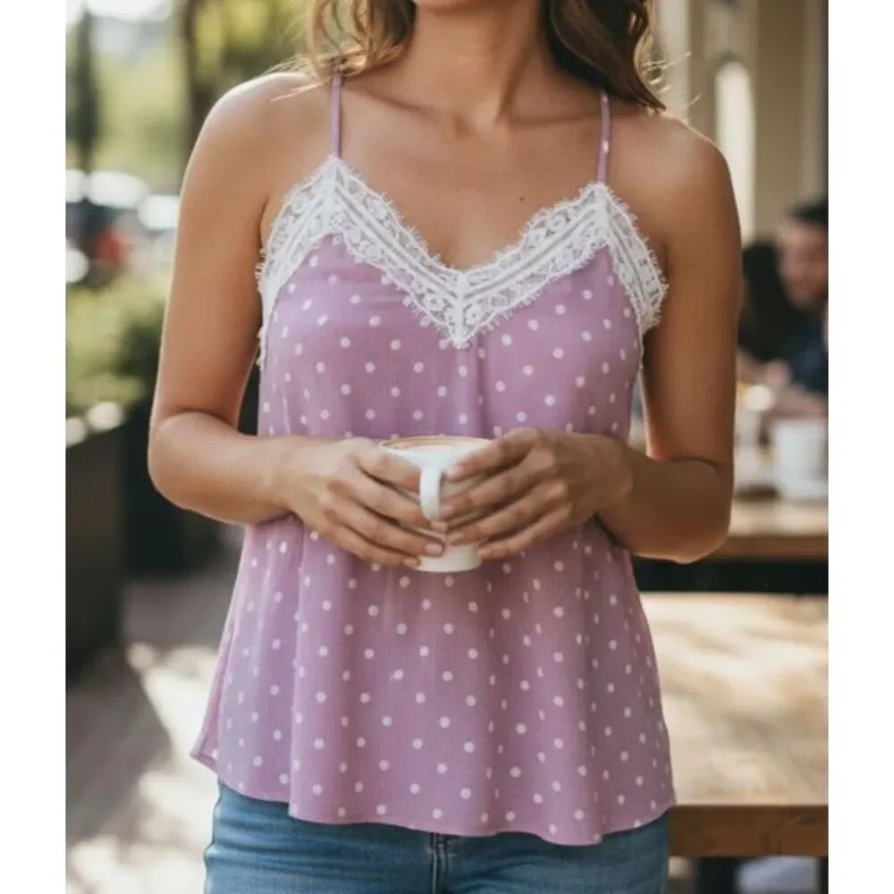 White Birch Lace Trim Cami Tank Top Racerback Crinkle M Purple White Polka Dot